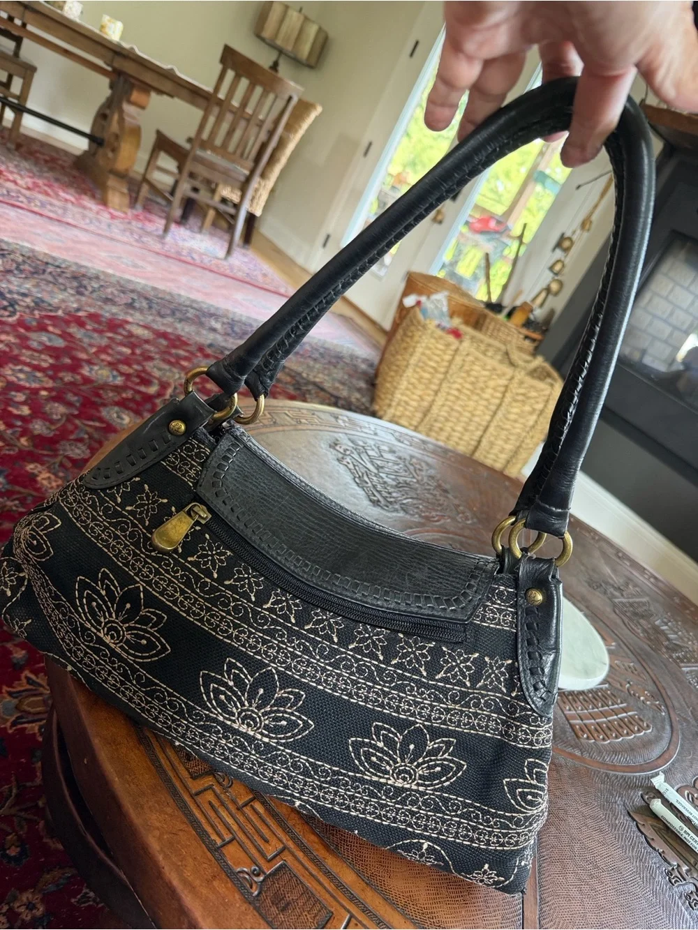 Kate Landry Black lotus flower Shoulder Bag with Gold Bamboo Accent